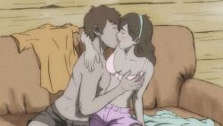 1boy1girl 2d aged_up bra brother_and_sister brown_hair brunette color dipper_pines disney female gravity_falls hand_on_breast headband headwear human incest kissing long_hair mabel_pines male romantic shirtless shorts small_breasts small_waist straight_hair teenager temon thin undressing