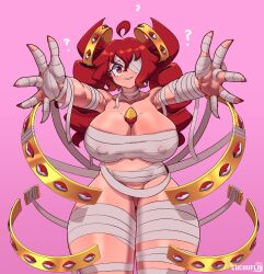 1girls angel big_breasts breasts christianity cuchuflin female female_focus female_only huge_breasts humanized light_skin long_hair multi_eye nipple_bulge original_character pink_background red_hair thick_thighs thighs wide_hips