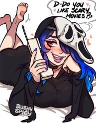 black_clothing blue_hair blushypixy blushyspicy female_ghostface ghostface phone rule_63 scary