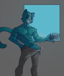 absurd_res anthro avocato balls big_penis boner bottomwear cat clothing coffee_mug dirtymoka erection feline final_space furry genitals hi_res male male_only morning_wood pants penis solo solo_male