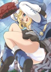 1boy ass blonde_hair blue_eyes blush boots breasts bridget eye_contact fully_clothed guilty_gear guilty_gear_strive happy hoodie looking_at_viewer male male_only panties redraw solo solo_focus thick_thighs thighs tomagiri white_panties yo-yo