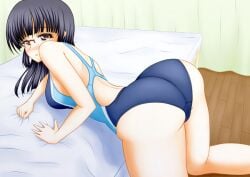 ass ass bed bent_over_bed glasses leotard one-piece_swimsuit pullpull15 pussy skirt swimsuit swimwear tagme