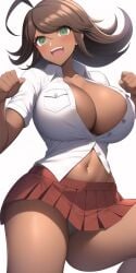 1girls ai_generated breasts brown_hair danganronpa danganronpa_2:_goodbye_despair dark-skinned_female dark_skin female female_only fist green_eyes huge_breasts large_breasts looking_at_viewer medium_hair nai_diffusion navel open_mouth owari_akane panties pantyshot pleated_skirt pointy_chin simple_background skirt smile solo stable_diffusion thighs tight_clothing unbuttoned unbuttoned_shirt voluptuous white_panties white_shirt