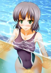 blushing embarrassed_smile green_eyes hands_on_wall leotard one-piece_swimsuit peeing peeing_in_pool peeing_in_swimsuit peeing_underwater pool pullpull15 swimming_pool swimsuit tagme underwater urine