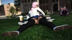 erin_cox glasses grand_theft_auto grand_theft_auto_online grand_theft_auto_v nopixel outdoors pink_hair pussy school school_uniform schoolgirl showing_pussy spread_legs symphony tagme thighhighs upskirt