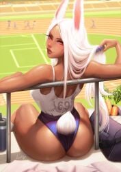 1girls 69_(number) absurd_res absurdres against_railing animal_ears animal_tail ass ass_focus back_muscles back_view backside bare_arms bare_shoulders big_ass big_breasts breasts brown_skin bunny_ears bunnygirl busty butt butt_focus carrots chocolate clothed clothed_female clothing dark-skinned_female dark_skin dat_ass female female_focus female_only fit fit_female food gym_bag gym_clothes gym_shorts gym_uniform hartman_hips heavenly_ass high_resolution highres huge_filesize large_breasts large_filesize leaning leaning_against_railing leaning_back long_hair looking_at_viewer looking_back luminyu miruko my_hero_academia outdoors parted_lips purple_clothing purple_shorts rabbit rabbit_ears rabbit_girl rabbit_tail railing rear_view red_eyes rumi_usagiyama shorts sideboob sitting_down slim_girl slim_waist smile solo solo_female solo_focus sports_bottle tank_top thick_ass thick_thighs thighs toned toned_arms toned_female track_and_field track_uniform vegetables very_high_resolution white_clothing white_hair white_tank_top