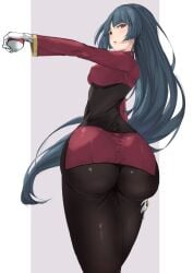 ass black_bodysuit blue_hair blush bodysuit bodysuit_under_clothes creatures_(company) dat_ass female game_freak gloves highres huge_ass large_ass long_hair looking_at_viewer looking_back microskirt nintendo pokemon pokemon_(game) pokemon_frlg red_eyes red_shirt red_skirt sabrina_(pokemon) shirt skirt solo white_gloves