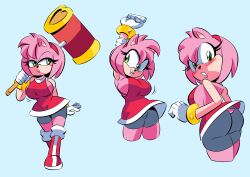 1girls amy_rose anthro armpits ass big_breasts bike_shorts black_shorts blush bob_cut boots breasts cleavage dress fully_clothed glassfish green_eyes hairband hammer headband hedgehog looking_at_viewer looking_back minidress pink_body pink_fur pink_hair pose shoes short_hair shorts sonic_(series) sonic_the_hedgehog_(series) spats stockings stretching thighhighs tight_clothing upskirt weapon