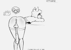 absurd_res anthro balls bodily_fluids clothing digital_media_(artwork) english_text equid equine erection genital_fluids genitals greyscale hi_res horse legwear male mammal mondealy monochrome senka_deni signature simple_background smile solo text thigh_highs