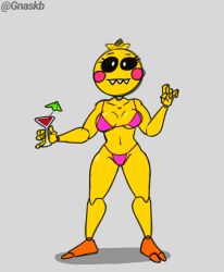 animatronic bikini black_eyes colored female female_only five_nights_at_freddy's five_nights_at_freddy's_2 fnaf full_body gallus_(genus) gnaskb machine robot simple_background solo solo_female swimwear teeth toy_chica_(fnaf) yellow_body yellow_skin