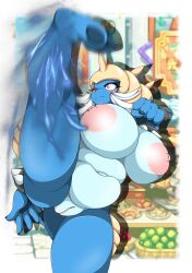 anthro big_breasts blue_body breasts female generation_5_pokemon genitals hi_res kick looking_up mellonsoda nintendo pokemon pokemon_(species) pussy samurott solo thick_thighs video_games