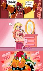 1boy 1girls 3koma ass bedroom big_ass blonde_hair blush bowser bra breasts comic covering covering_face dialogue earrings embarrassed english_text female funsexydragonball heart holding_lipstick_tube large_breasts lipstick lipstick_tube long_hair makeup male mario_(series) nintendo panties pink_bra pink_lipstick pink_panties princess_peach red_hair sitting speech_bubble surprise text thighhighs underwear underwear_only unexpectedly_good wholesome