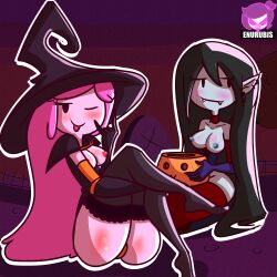 2017 2girls absurd_res adventure_time bedroom_eyes black_hair blush breasts breasts_out choker color commission costume digital_media_(artwork) earrings elbow_gloves erect_nipples fangs female_only halloween long_hair marceline multiple_girls nipples norehana_art pink_hair pointy_ears princess_bubblegum ribbon_choker seductive shiny_skin smile thighhighs tongue_out topless uncensored vampire wink witch witch_hat yuri