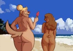 2girls anne_(crayzee609) anthro anthro_only ass beach black_eyes blep blonde_hair breasts brown_body brown_fur brown_hair canine cloud crayzee609 dog_ears dog_tail domestic_dog eyewear female female_only fur furry furry_only glasses hair_bun half-closed_eyes hi_res hips holding_object large_ass large_breasts long_hair looking_at_viewer looking_back lucille_(crayzee609) mammal mob_face multiple_girls nude nude_female ocean original outdoors popsicle rear_view red_nose short_tail sky smile standing tail take_your_pick tan_fur thick_thighs thighs tongue tongue_out wide_hips