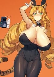 arknights armpits big_breasts blonde_hair blush bowtie bunny_ears bunny_girl bunnysuit cat_ears cat_tail catgirl cleavage curvy detached_collar detached_sleeves doctor_(arknights) drill_hair embarrassed female green_eyes huge_breasts leotard long_hair looking_at_viewer melon22 pantyhose swire_(arknights) tiger_tail year_of_the_rabbit