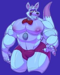 1boy absurd_res alva_nsfw animatronic anthro areola balls bara biceps big_breasts blush bottomwear bow_tie breasts bulge canid canine clothed clothing colored_nails digital_media_(artwork) fingers five_nights_at_freddy's five_nights_at_freddy's:_sister_location fox funtime_foxy_(fnaf) funtime_foxy_(fnafsl) gay genitals glistening glistening_body hair hi_res looking_at_viewer machine male male_only mammal muscular muscular_anthro muscular_male nails nipples open_mouth pecs pink_areola pink_bottomwear pink_clothing pink_nipples pink_shorts robot scottgames shorts simple_background smile solo solo_focus speaker teeth thick_thighs video_games white_body wire yellow_eyes