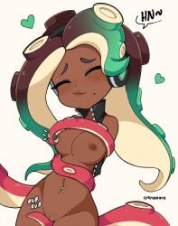 1girls breasts closed_eyes consensual_tentacles cremanata cute dark-skinned_female dark_skin female female_focus marina_(splatoon) mole mostly_nude navel navel_piercing nintendo octoling outerwear pussy simple_background smile solo_female speech_bubble splatoon splatoon_2 tagme tentacle tentacle_hair tentacle_masturbation white_background