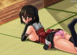 alternate_breast_size ass asymmetrical_legwear black_gloves black_legwear black_skirt breast_press breasts brown_eyes brown_hair cameltoe elbow_gloves female fingerless_gloves gloves hand_on_own_cheek hand_on_own_face highres indoors kantai_collection kinnan knee_socks kneehighs kneesocks large_breasts looking_at_viewer lying no_bra obi on_stomach panties pantyshot pink_panties pleated_skirt sash school_uniform sendai_(kantai_collection) serafuku side-tie_panties sideboob single_thighhigh skirt socks solo tatami trefoil two_side_up underwear uneven_legwear white_socks