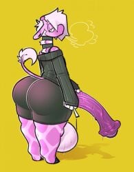 1boy anthro ass balls big_balls big_butt big_penis bodily_fluids bottom_heavy cigarette cigarette_smoke clothing dogfluid femboy furry genitals giraffe giraffid girly hi_res hung_trap looking_at_viewer looking_back male male_only mammal penis pink_body pink_skin poking_out poking_penis rudy_(dogfluid) simple_background smoking solo sweat sweater thick_thighs topwear yellow_background