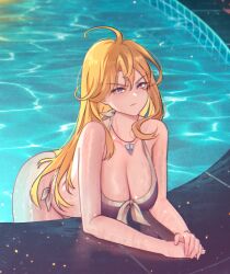 1girls alternate_costume ass bent_over bikini blonde_hair blue_eyes breasts bronze_felix clarisse_(fire_emblem) cleavage commission commission_art female female_only fire_emblem fire_emblem:_new_mystery_of_the_emblem frown jewelry large_breasts leaning_forward long_hair necklace nintendo outdoors partially_submerged pool poolside shizuko_hideyoshi solo swimsuit v-shaped_eyebrows very_long_hair