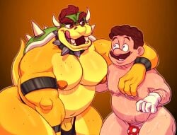 2boys alva_nsfw anthro belly biceps big_belly big_breasts blush bodily_fluids bottomwear bowser breasts bulge claws clothed clothing collar crouching darkened_genitalia digital_media_(artwork) duo erection facial_hair gay genitals gloves green_body green_scales hair handwear hi_res horn human koopa male male/male male_only mammal mario mario_(series) moustache muscular navel nervous nervous_smile nintendo nipples open_mouth orange_body overweight overweight_male penis pubes raised_tail red_hair scales scalie sharp_teeth shell simple_background smile spikes suntan sweat teeth thick_thighs thong tongue underwear video_games wristband