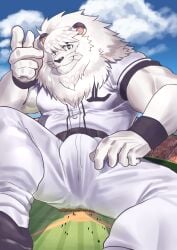 2019 5_fingers abs anthro baseball_(sport) baseball_field belt bulge clothing cloud crowd detailed_bulge dirt extreme_size_difference felid fingers fur grass group leo_(saitama_seibu_lions) lion macro male mammal mascot micro muscular muscular_anthro muscular_male nippon_professional_baseball pantherine plant saitama_seibu_lions shirt sitting size_difference sky solo soonico sport sports_uniform stadium topwear uniform whiskers white_body white_fur wristband