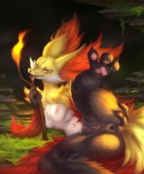 anthro anus black_body breasts delphox female fur generation_6_pokemon genitals inner_ear_fluff looking_at_viewer milkwyvern nintendo nipples one_leg_up pokemon pokemon_(species) pussy raised_leg red_body red_fur solo spread_legs spreading tuft video_games white_body