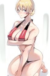 after_masturbation ayakumo barefoot bikini blonde_hair blue_eyes blush bottomless braid breasts cleavage collarbone darjeeling female girls_und_panzer highres large_breasts looking_at_viewer navel pussy_juice pussy_juice_trail red_bikini short_hair sitting solo sweat swimsuit thighs toes