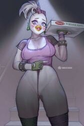 animatronic big_breasts chicken clothing five_nights_at_freddy's five_nights_at_freddy's:_security_breach glamrock_chica_(fnaf) looking_at_viewer mila_the_mute pizza_box pussy robot_girl seduction teasing thighs