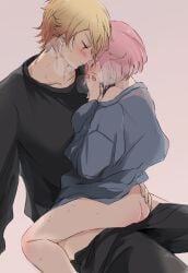 1boy 1girls ass blush closed_eyes clothed_sex cowgirl_position heavy_breathing momomo_(m0_3) ootori_emu pink_hair project_sekai sex short_hair straight tenma_tsukasa upright_straddle wholesome