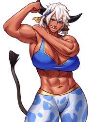 1girls abs absurd_res armpit big_breasts commission cow_ears cow_girl cow_horns cow_print cow_tail female female_only flexing flexing_bicep horns looking_at_viewer muscles muscular muscular_female narrowed_eyes red_eyes smiling_at_viewer solo sotcho tail white_background white_hair