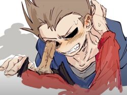 2boys angry_face blue_hoodie blush brown_hair eddsworld eye_penetration gay male pants penis penis_on_eyes penis_out penis_size_difference red_hoodie tom_(eddsworld) tord_(eddsworld) unknown_artist