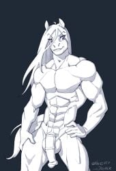 2022 abs alternate_version_at_source animal_genitalia animal_penis anthro balls equid equine_penis flaccid genitals hair hand_on_hip hi_res lapinbeau long_hair male mammal monochrome muscular muscular_anthro muscular_male penis signature smile solo solo_focus