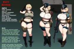 ai_generated backpack belt big_breasts blonde_hair blue_eyes boots cap edit elbow_gloves female female_only gun huge_breasts large_breasts massive_breasts messy_hair micro_shorts military_cap military_uniform nai_diffusion navel original pockets pron982 rifle salute short_hair skin_tight slender_waist stable_diffusion thick_thighs tight_clothing voluptuous watt_rayson_(pron982)