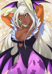 1girls absurd_res arms_behind_head armwear bunny_ears capcom carrot_print cleavage clothed clothing cosplay crossover_cosplay dark-skinned_female dark_skin darkstalkers delux demon_wings female female_only head_wings heart_shape large_breasts latex leotard long_hair looking_at_viewer miruko morrigan_aensland_(cosplay) my_hero_academia pantyhose pink_pantyhose purple_eyes rumi_usagiyama shiny_clothes solo succubus succubus_wings tight_clothing voluptuous white_background white_hair wings