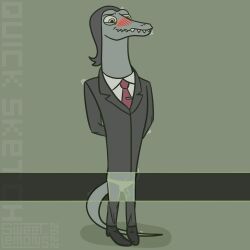 2022 anthro blush blush_lines clothed clothing digital_drawing_(artwork) digital_media_(artwork) digital_painting_(artwork) disney footwear genitals grey_body hi_res lizard long_neck long_tail male necktie panties penis poking_out reptile scalie shaded shadow shirt shoes signature simple_background simple_coloring simple_eyes simple_shading smile solo standing star_vs_the_forces_of_evil suit sweet.lemons tall teeth toffee_(svtfoe) topwear underwear xray_view yellow_eyes