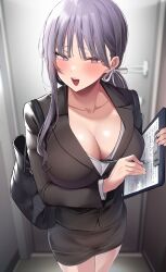 1girls asymmetrical_hair breasts cleavage clothed clothed_female female hi_res huge_breasts lavender_eyes lavender_hair light-skinned_female light_skin looking_at_viewer mitsudoue naughty_face oc office_lady original_character ponytail secretary short_skirt skirt smile suggestive_look