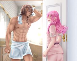 1boy 1girls abs accidental_exposure blue_eyes blush brown_hair clothed clothed_female eiyuu_densetsu embarrassed female gaius_worzel gold_eyes linde_(eiyuu_densetsu) manu-chann mostly_nude muscular_male nurse_uniform open_mouth pink_hair sen_no_kiseki shower surprised tan_skin towel towel_around_waist trails_of_cold_steel wet_skin