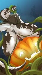 absurd_res anthro crocodile crocodilian crocodylid duo female food fruit halloween hi_res holidays plant pumpkin reptile scalie snorlaxk spots tentacle