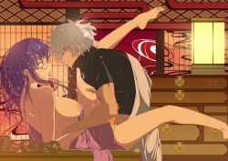 1boy 1girls ambiguous_penetration areolae arm_grab barefoot big_breasts female gintama gintoki_sakata glasses indoors lantern leg_grab long_hair looking_at_another male nipple_bulge open_mouth partially_clothed profile purple_hair red-framed_glasses saliva_trail sarutobi_ayame shouji sweat tongue_out