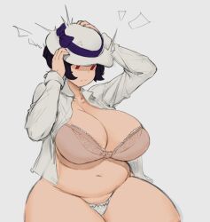 black_hair bra chubby chubby_female color colored edit female filia_(skullgirls) filia_(skullgirls)_(cosplay) hat krid_(artist) large_breasts mob_face panties red_eyes samson_(skullgirls) short_hair skullgirls stomach underwear