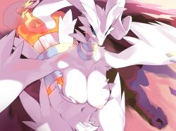 1girls aqua_eyes areolae big_breasts black_sclera breast_outside female female_only hi_res kame_3 legendary_pokémon mammal nintendo nipples pokémon_(species) pokemon pokemon_bw pokemorph reshiram solo