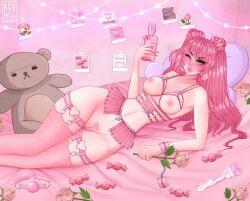 1girls akumea_(@akumeaa) babypink_(vtuber) blush candies double_bun female female_only flowers holding_phone indie_virtual_youtuber indoors laying_on_bed light-skinned_female light_skin looking_at_viewer on_bed pillow pink_bed_sheet pink_eyes pink_flowers pink_hair pink_socks plushie polaroid room sex_toy skimpy_clothes smartphone socks solo teddy_bear thigh_socks thighhighs virtual_youtuber wink winking_at_viewer