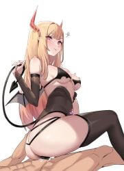 1boy 1girls :p ass bar_censor black_leotard black_thighhighs blonde_hair breasts bridal_gauntlets censored chen_yang_yang colored_tips cosplay demon_girl demon_horns demon_tail female from_side hand_up heart heart_censor holding_own_tail horns kitagawa_marin leotard leotard_pull light-skinned_female light-skinned_male light_skin medium_breasts multicolored_hair nail_polish nipples pink_eyes pink_nails reverse_cowgirl_position sex simple_background sitting smile sono_bisque_doll_wa_koi_wo_suru stomach_tattoo straddling straight succubus tail tattoo thighhighs tongue tongue_out trembling white_background