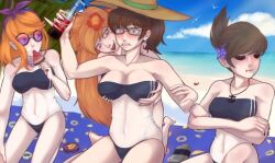 4girls beach beach_background big_breasts blue_bikini blue_eyes breasts brown_hair coca-cola crossed_arms eddsworld ell_(eddsworld) ellsworld fair-skinned_female feet female female_only flower ginger_hair glasses green_eyes hand_on_breasts hat ice_cream kripovaya_meteora legs long_hair matilda_(eddsworld) mirror multiple_girls necklace nervous orange_hair painted_nails palm ponytail purple_bow sea sunscreen tagme tamara_(eddsworld) thighs thong tori_(eddsworld) watermelon yuri