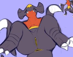 anthro anus artesjsc ass female garchomp generation_4_pokemon genitals looking_at_viewer nintendo pokemon pokemon_(species) purple_background purple_body pussy simple_background solo video_games