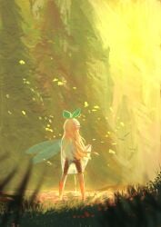 dress dress_lift fairy_wings flowers forest leaves meadow nature nijisanji nijisanji_en peeing pointy_ears pomu_rainpuff ribbon see-through_clothing sheer sunset toren_(cpt2p2t) translucent_clothing urination urine virtual_youtuber