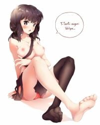 barefoot big_breasts big_eyes breasts brown_hair feet female female_only mogiko nipples panties short_hair shy skirt stockings volpescu yo-chan