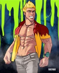 blonde_hair male_only martin_mystery martin_mystery_(character) muscular_male nipples open_shirt slime smiling_at_viewer solo_male toastwire