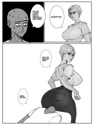 1boy 1girls bald bald_man big_ass captain_tai comic doctor doctor_and_patient doctor_on_patient facesitting facesitting_through_clothes fully_clothed hourglass_figure huge_ass huge_breasts laying_down laying_on_back monochrome original original_character straight